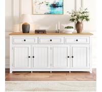Buffet Moderne et Simple, Meuble de Rangement avec 4 Portes et 3 Tiroirs, Meuble de Cuisine, Style Campagne, 160 x 35 x 76cm, Blanc