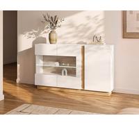 Buffet MURARI - 3 portes - Avec LEDs - Blanc brillant et chêne