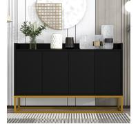 Buffet Noir Moderne 4 Portes avec Base Métallique Dorée et Étagères Réglables, Meuble de Rangement