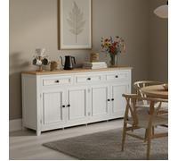 Buffet - Novélys - 160cm - Plateau Effet Bois - 3 Tiroirs & 4 Portes - Style Scandinave - Blanc & Bois