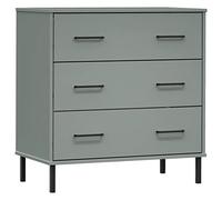 Buffet OSLO gris en pin massif avec 3 tiroirs 77 x 40 x 79,5 cm, pieds en métal, espace de rangement et étagère pour salon, chambre à coucher, couloir et salle à manger