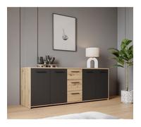 Buffet PILVI - Style contemporain - Particules mélaminé -Décor Chêne artisan et Noir- 4 portes + 3 tiroirs - L179,2 x P42 x H74,5