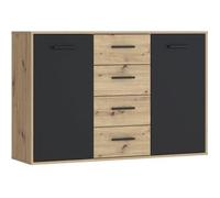 Buffet PILVI - Style contemporain - Particules mélaminé - Décor Chêne et noir - 2 portes + 4 tiroirs - L 122,6 x P 34,2 x H 81,7 cm