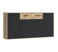 Buffet PILVI - Style contemporain - Particules mélaminé - Décor Chêne et noir - 4 portes + 2 tiroirs - L 162,3 x P 34,2 x H 81,7 cm