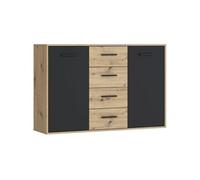 Buffet PILVI - Style contemporain - Particules mélaminé - Décor Chêne et noir - 2 portes + 4 tiroirs - L 122,6 x P 34,2 x H 81,7 cm