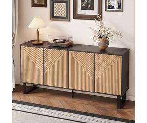 Buffet, quatre portes, finition bois noir, panneaux rayés 3D, style contemporain minimaliste, idéal pour les couloirs et les salons