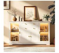 Buffet Rangement 140cm LED RGB 7 Couleurs Télécommande Vitrine 6 Niveaux Étagères Réglables Meuble Salon Salle à Manger Blanc