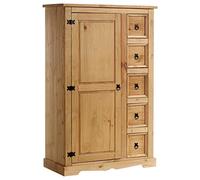 Buffet salle à manger apothicaire TEQUILA L 95 cm en bois massif coloris naturel avec 1 porte battante et 5 tiroirs spacieux, style mexicain, meuble de rangement, structure robuste et finition élégant