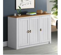 Buffet salle à manger BOLTON L 130 cm en bois massif blanc et brun avec 3 portes battantes et 5 étagères, style moderne