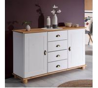 Buffet salle à manger COLMAR en bois massif L 133 cm avec 2 portes battantes et 4 tiroirs spacieux, blanc et brun