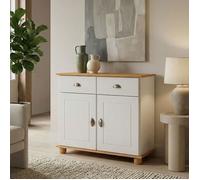 Buffet salle à manger COLMAR en bois massif L 94 cm avec 2 portes battantes et 2 tiroirs spacieux, blanc et brun