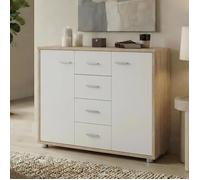 Buffet salle à manger ELODIE L 89 cm coloris chêne sonoma et blanc avec 4 tiroirs et 2 portes, bahut bas