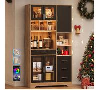 Buffet Salle à Manger en Bois Naturel Noir 100 cm avec LED, Prise et 2 USB, Buffet Haut de Cuisine avec Porte-verre, Scandinave