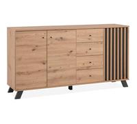 Buffet salle à manger MEDAN - Décor chêne artisan et anthracite - 3 portes + 4 tiroirs - L160 x H85 x P40 cm
