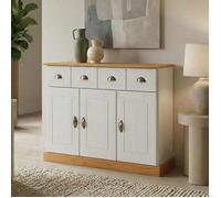 Buffet salle à manger PARIS en bois massif L 116 cm avec 3 portes battantes et 2 tiroirs spacieux, poignées coquille, meuble de rangement pratique, Structure robuste et finition élégante, blanc et bru