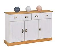 Buffet salle à manger PARIS en bois massif L 116 cm avec 3 portes battantes et 2 tiroirs spacieux, poignées coquille, meuble de rangement pratique, Structure robuste et finition élégante, blanc et bru