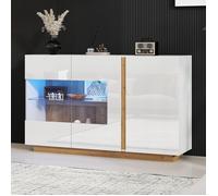 Buffet Salon avec Eclairage LED,Haute Brillance,3 Portes,Armoire de Salle à Manger Moderne,Blanc avec Verre,138x38x90cm