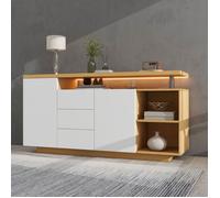 Buffet Salon Bas Moderne, Meuble d'Entre Elgant clairage LED, 2 Portes 3 Tiroirs Etagre Ouverte, Blanc et Bois, 140x40x70cm