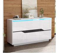Buffet Salon Blanc Brillant et Noir avec LED,3 Portes,Étagères réglables,Meuble d'appoint,140x40x76cm