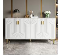 Buffet Salon, Buffet Cusine avec 4 Portes, Meuble de Rangement avec Poignées et Pieds en Or, Conception en Forme de Vague, Blanc