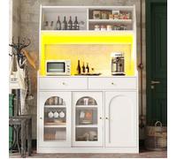 Buffet salon,Buffet haut de cuisine,Buffet bahut avec LED,Etagère réglable,5 portes 2 tiroirs,Armoire haute,Vitrine,Moderne,Blanc