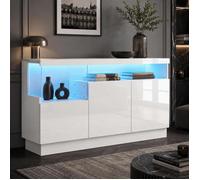 Buffet Salon COZHYESS, Bahut Moderne avec Éclairage LED APP, 3 Portes, Vitrine Acrylique, Grand Rangement, 140x36x80 cm - Blanc