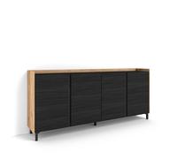 Buffet salon et cuisine, 207x35x91cm, 4 Portes, Design industriel, Noir et chêne, RF4586