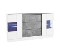 Buffet salon et salle a manger -style moderne avec 2 portes et 3 tiroirs-aspect marbre gris, éclairage LED, 140 x 35 x 75 cm