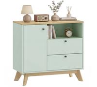 Buffet salon - HOMCOM - porte, 2 tiroirs, compartiment ouvert et étagère réglable - MDF - 80 x 35 x 76,3 cm - vert clair et chêne