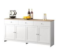 Buffet Salon, Meuble de Rangement avec 4 Portes et 3 Tiroirs, Buffet Bas Blanc Grain de Bois, Style Contemporain, 160 x 34 x 75 cm