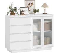 Buffet salon, meuble de rangement avec 4 tiroirs et 2 portes en verre trempšŠ, šŠtagššre ršŠglable, 120 x 40 x 91 cm, blanc