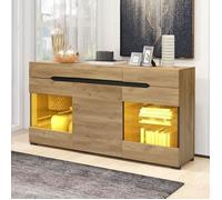 Buffet Salon Rustique à Lumière LED, Armoire Latéraux avec Portes Tiroirs Etagères, Meuble d'entrée 140x35x80cm, Style Industriel
