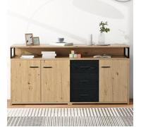 Buffet salon - Style contemporain - Décor Chêne et Noir - 3 portes + 3 tiroirs - L150 x P35 x H76