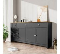 Buffet Salon Vintage, Meuble d'entrée 4 Portes 3 Tiroirs, Armoire de Cuisine, Panneaux en Bois et Gris Style Rustique,160x37x75cm