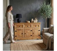 Buffet SALSA commode bahut vaisselier en bois style mexicain avec 3 portes et 3 tiroirs, en pin massif finition teintée/cirée