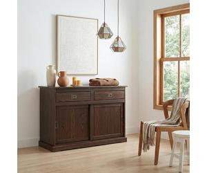 Buffet SAVONA bahut vaisselier commode avec 2 tiroirs et 2 portes coulissantes, en pin massif coloris noyer