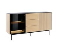 Buffet SAYERA 2 portes 3 tiroirs avec LEDs en MDF et verre fumé Naturel clair et Noir