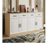 Buffet Sideboard Blanc 160cm | 4 Tiroirs Fluides & 4 Portes Vintage | Plateau Effet Bois | Grand Buffet de Rangement Cuisine Salon