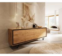 Buffet Stonegrace 200 cm chêne naturel 4 portes placage pierre pied en V métal noir