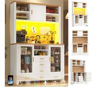 Buffet style campagne 120x40x188cm, meuble de rangement multifonction, 4 portes, 6 tiroirs, éclairage LED, blanc effet bois