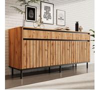 Buffet - Style contemporain - Particules mélaminé - Décor Chêne artisan et Noir- 4 portes + 3 tiroirs - L160 x P40 x H73