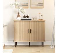 Buffet HOMCOM meuble de rangement avec portes coulissantes à lattes, armoire de cuisine avec pieds en acier, ton chêne