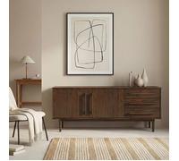 Buffet TECCA L 170 cm 2 Portes 3 Tiroirs en Bois Massif Coloris Noyer avec Étagères Réglables, Deux compartiments