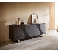 Buffet Tereos 200 cm frêne brun foncé effet 3D 4 portes patins en acier inoxydable brossé