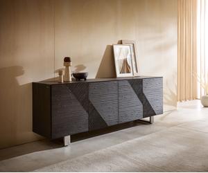 Buffet Tereos 200 cm frêne brun foncé effet 3D 4 portes patins en acier inoxydable brossé