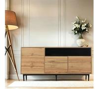 Buffet - URBAN MEUBLE - 3 portes avec niche ouverte noire - Style bois naturel et pieds hauts noirs - 160x35x76 cm
