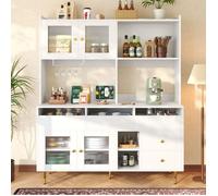 Buffet Vaisselier 145x39x171cm - 4 Portes en Verre Changhong - Range-Bouteilles & Étagères Multi-Niveaux - Blanc et Or