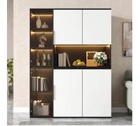 Buffet vaisselier haut LED avec vitrine verre rangements ouverts et fermés structure MDF éclairage réglable noir et blanc