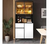 Buffet vaisselier vitrine LED 80 x 40 x 180 cm avec 4 portes, 1 tiroir, porte-verres, MDF, noir et blanc