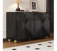 Buffet Vintage 4 Portes Motif Bois Gravée - 120x35x71.5 cm - Rangement Étagères Réglables, Noir